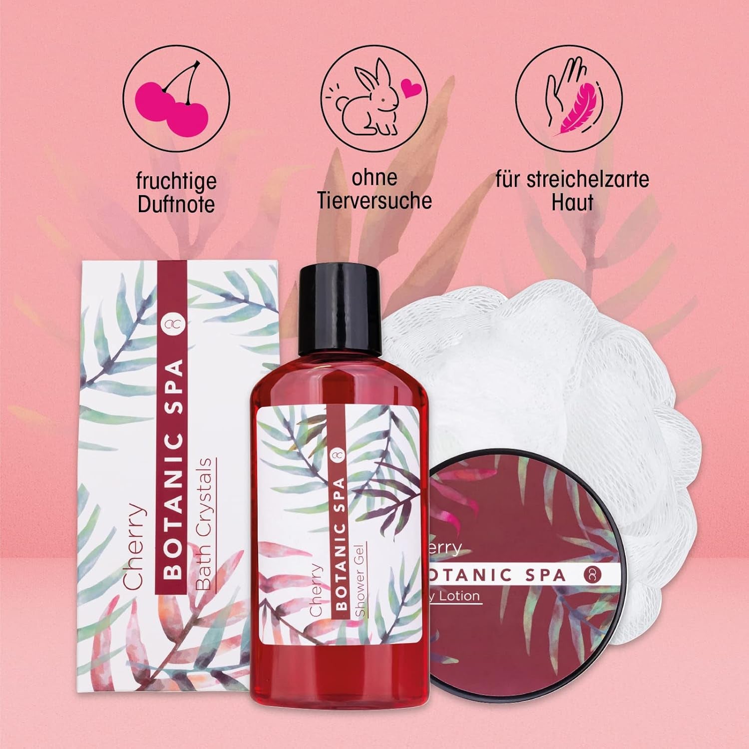 - Set De Bain Pour Femme CHERRY SPA Dans Un Panier - Set De Soins 4 Pièces Avec Gel Douche, Sel De Bain & Lotion Pour Le Corps - Cadeau Bien-Être Anniversaire Ou Saint-Valentin