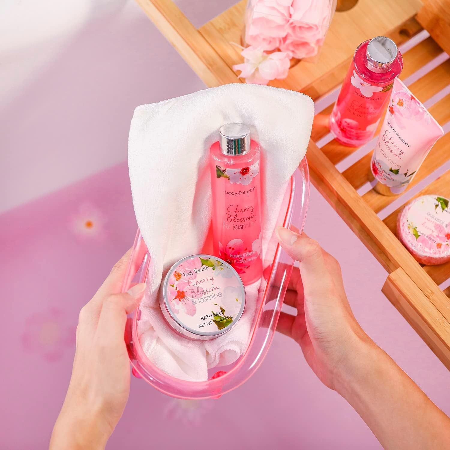 Coffret Bain Et Corps-Panier-Cadeau De 8 Pièces Au Parfum De Fleur De Cerisier Et De Jasmin, Coffret Cadeau Parfait Pour Les Femmes De L’Anniversaire, Cadeau Noel