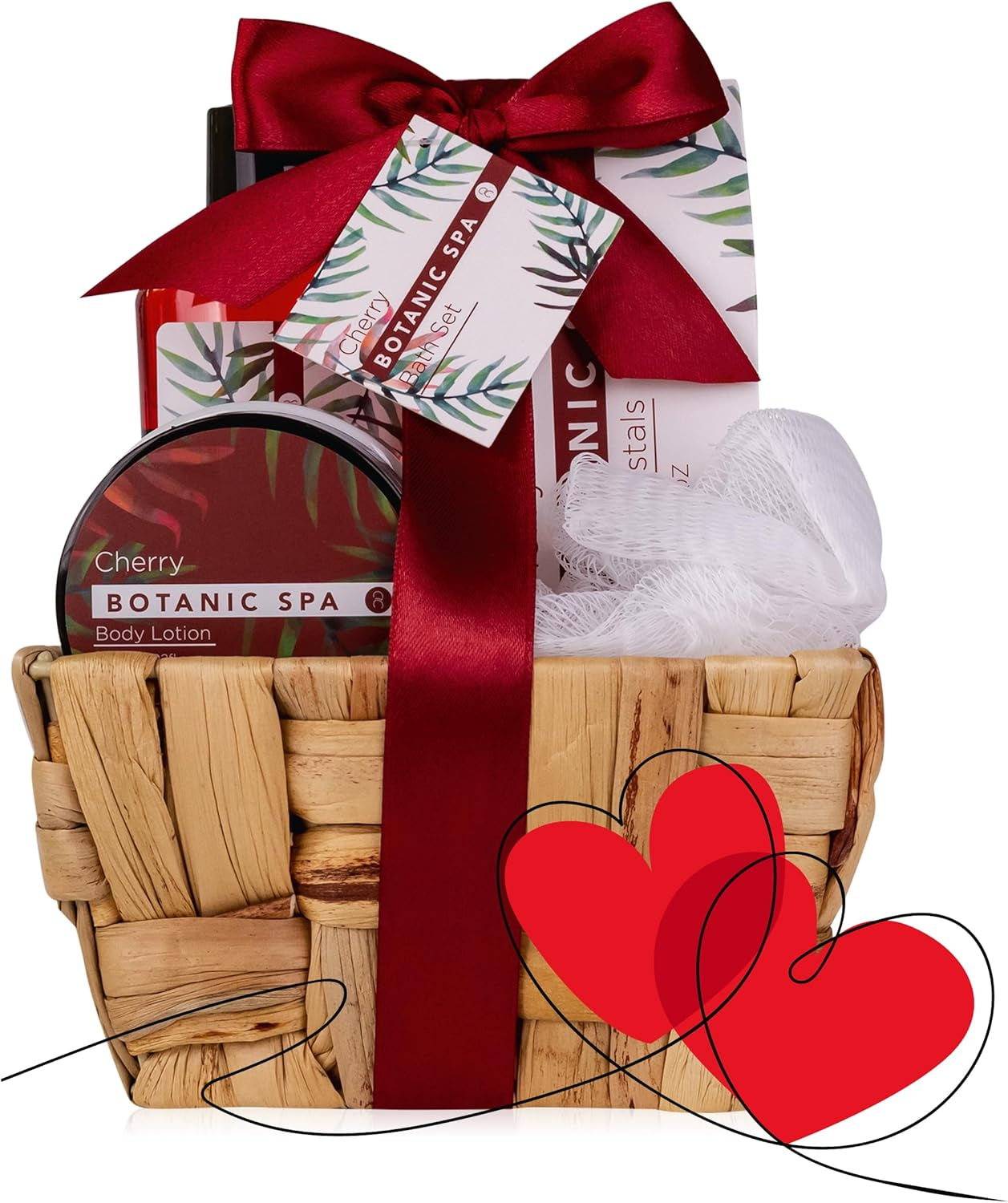 - Set De Bain Pour Femme CHERRY SPA Dans Un Panier - Set De Soins 4 Pièces Avec Gel Douche, Sel De Bain & Lotion Pour Le Corps - Cadeau Bien-Être Anniversaire Ou Saint-Valentin