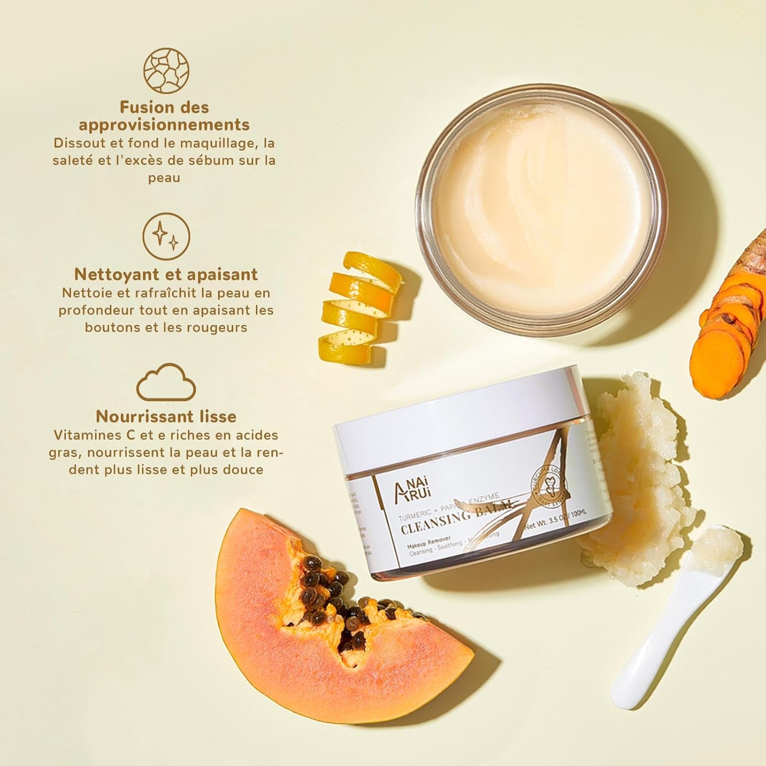 Baume De Nettoyage À La Papaye Au Curcuma, Démaquillant Au Curcuma Pour Le Nettoyage Du Visage, Exfoliant, Réduction Des Taches Brunes, Acné, Peau Lisse, Nettoyant Pour La Peau, 3,5 Oz