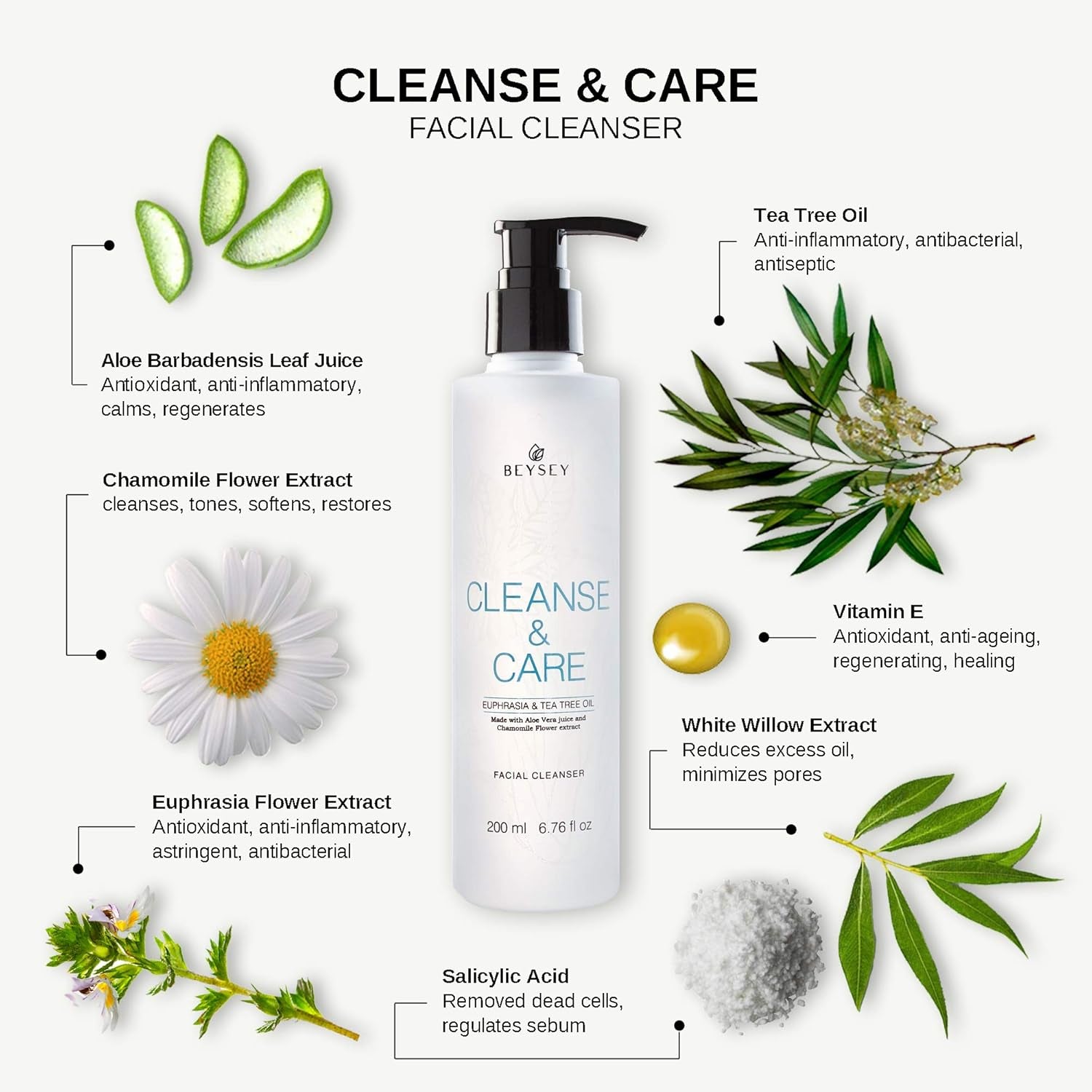 NOUVEAU! Gel Nettoyant Visage À L'Aloe Vera, Tea Tree, Eyebright Et Camomille - Savon Nettoyant Visage/Antibactérien/Anti Acné - Peaux Mixtes Et Grasses - CLEANSE&CARE Beysey 200 Ml
