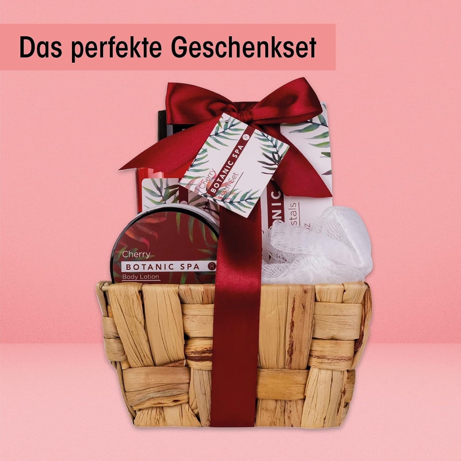 - Set De Bain Pour Femme CHERRY SPA Dans Un Panier - Set De Soins 4 Pièces Avec Gel Douche, Sel De Bain & Lotion Pour Le Corps - Cadeau Bien-Être Anniversaire Ou Saint-Valentin
