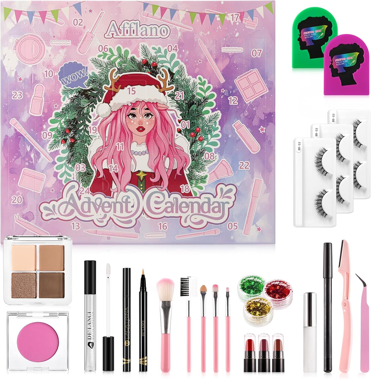 Calendrier De L'Avent Du Maquillage 2024 Pour Les Adolescentes, Set De Calendrier De L'Avent Du Maquillage De Noël Pour La Beauté, Calendrier De La Descente En Lice De Noël De 24 Jours.