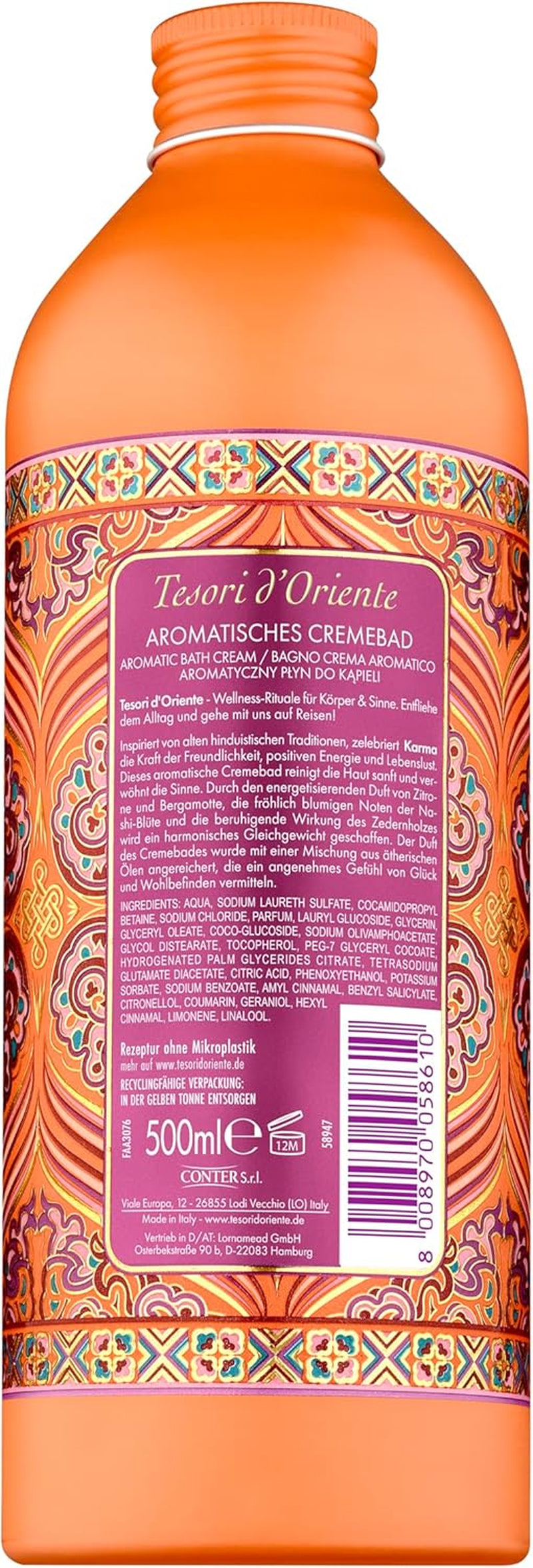Tesori D'Oriente Bain De Crème « Karma » - 500 Ml - Bain Aromatique Avec Fleur De Nashi Et Bois De Cèdre - Expérience De Spa Pour La Maison, Rituels De Bien-Être Pour Le Corps Et Les Sens