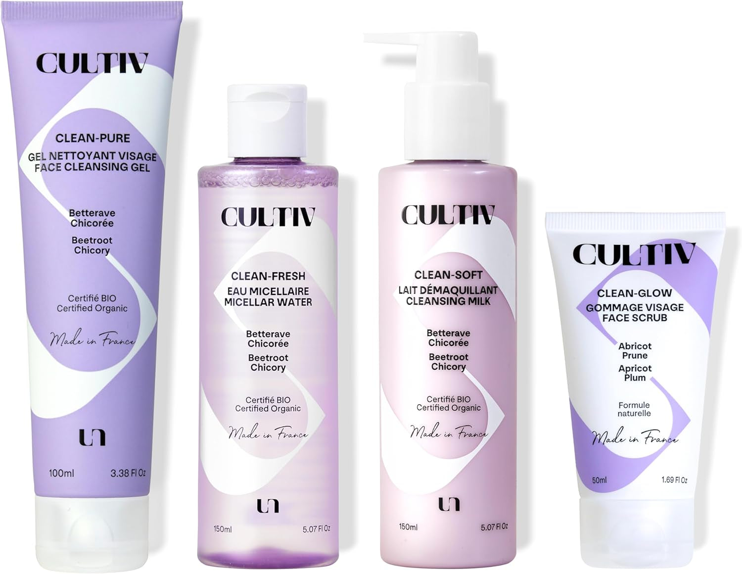 - Pack Clean Avec 1Xgommage Visage, 1Xgel Nettoyant, 1Xeau Micellaire & 1Xlait Démaquillant - Routine Complète - Pour Peaux Sensibles - Hydrate Et Apaise - Ingrédients Naturels, Bio Et Véganes