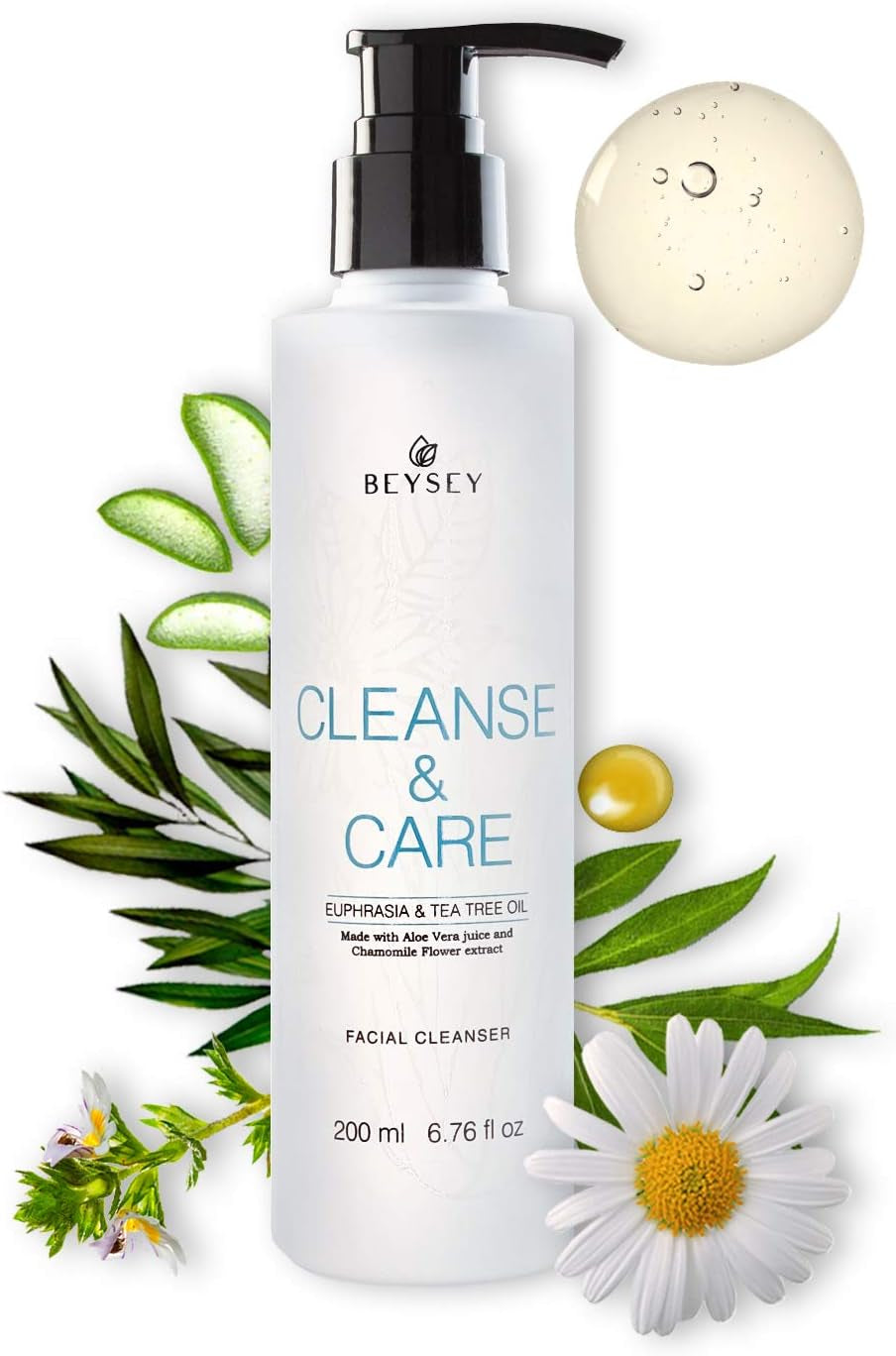 NOUVEAU! Gel Nettoyant Visage À L'Aloe Vera, Tea Tree, Eyebright Et Camomille - Savon Nettoyant Visage/Antibactérien/Anti Acné - Peaux Mixtes Et Grasses - CLEANSE&CARE Beysey 200 Ml
