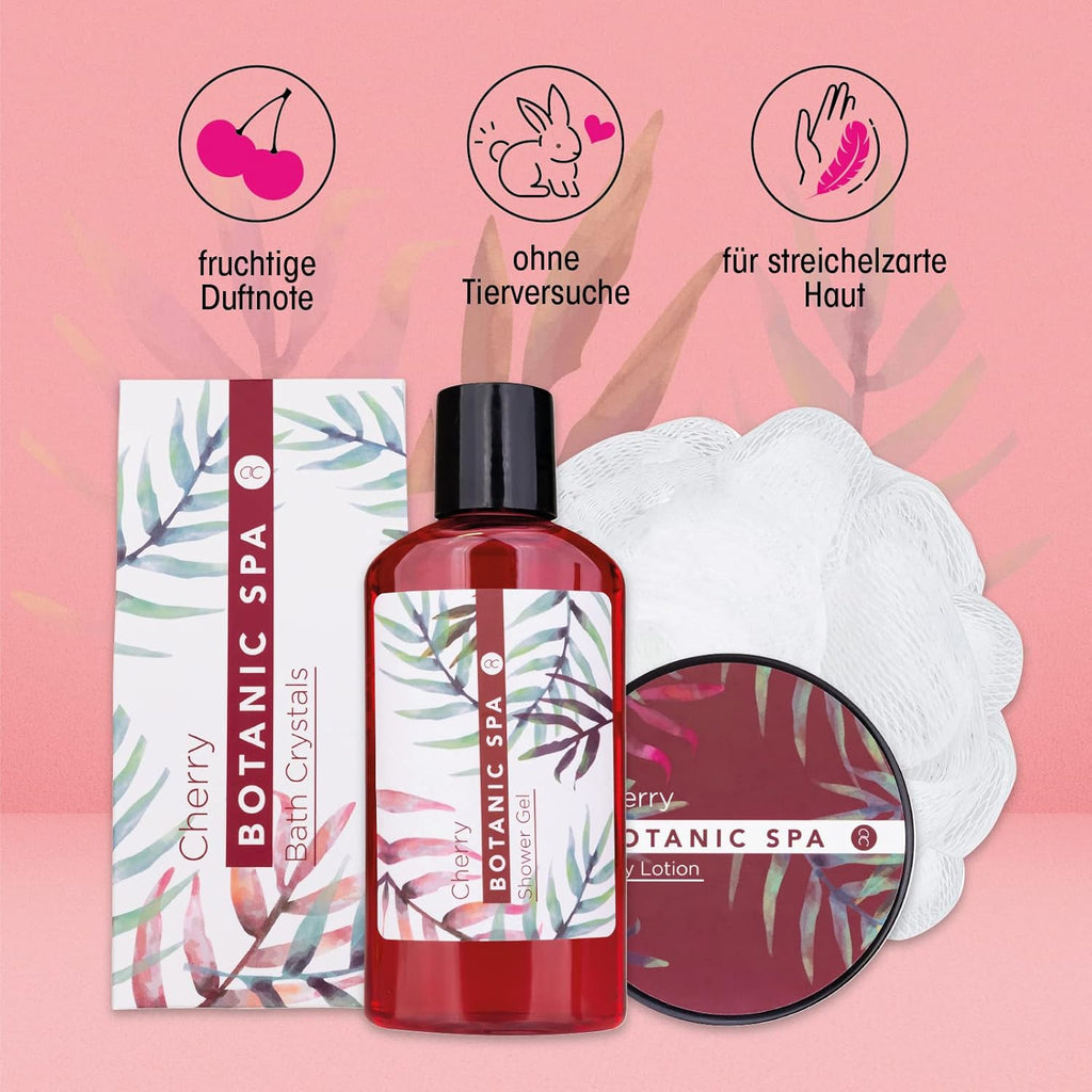 - Set De Bain Pour Femme CHERRY SPA Dans Un Panier - Set De Soins 4 Pièces Avec Gel Douche, Sel De Bain & Lotion Pour Le Corps - Cadeau Bien-Être Anniversaire Ou Saint-Valentin
