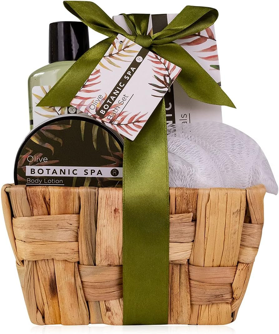 Coffret Cadeau OLIVE SPA Dans Un Panier En Jonc De Mer - Ensemble De Bain Et Douche - 5 Pièces Dans Un Panier Décoratif En Jonc De Mer, Cadeau D'Anniversaire, Kit Bien-Être Pour Les Femmes