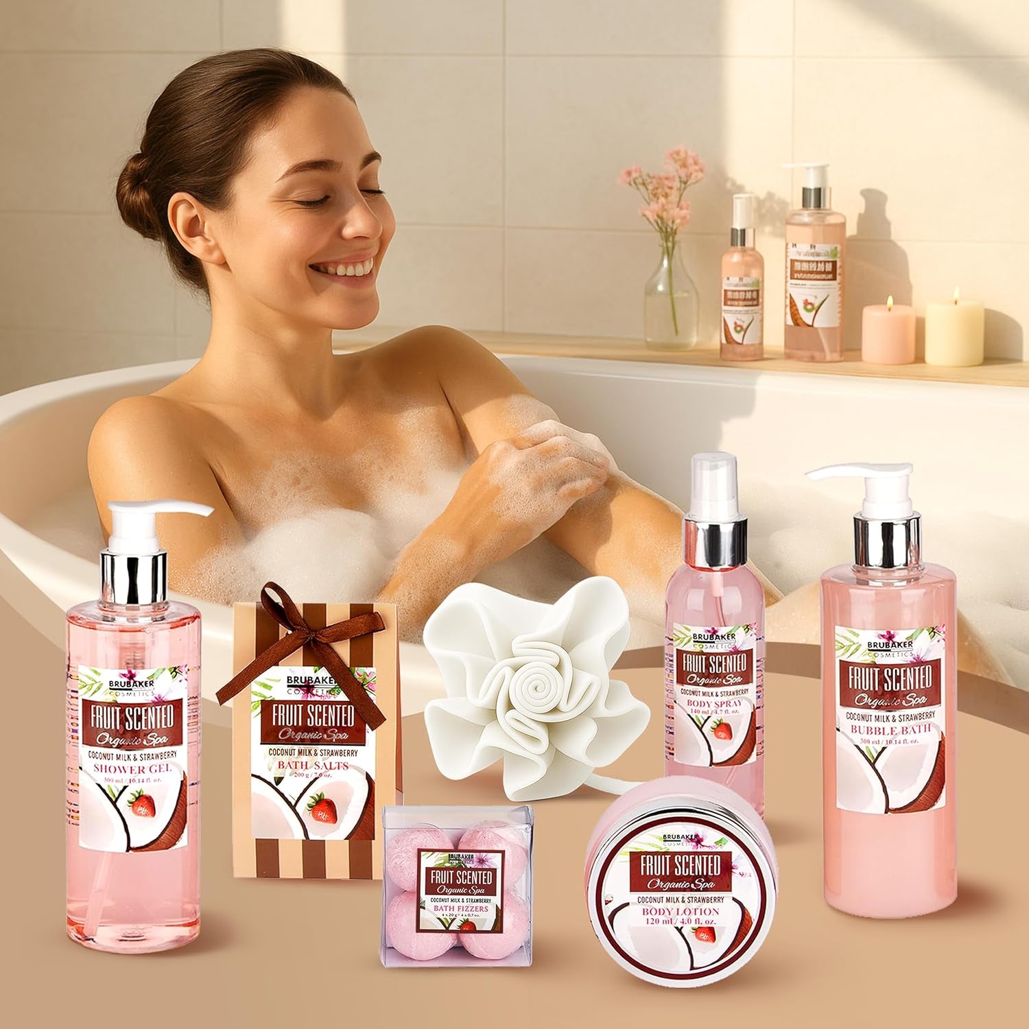 Cosmetics - Coffret De Bain & Douche - Noix De Coco/Fraise - 11 Pièces - Bassine Vintage Décorative - Idée Cadeau