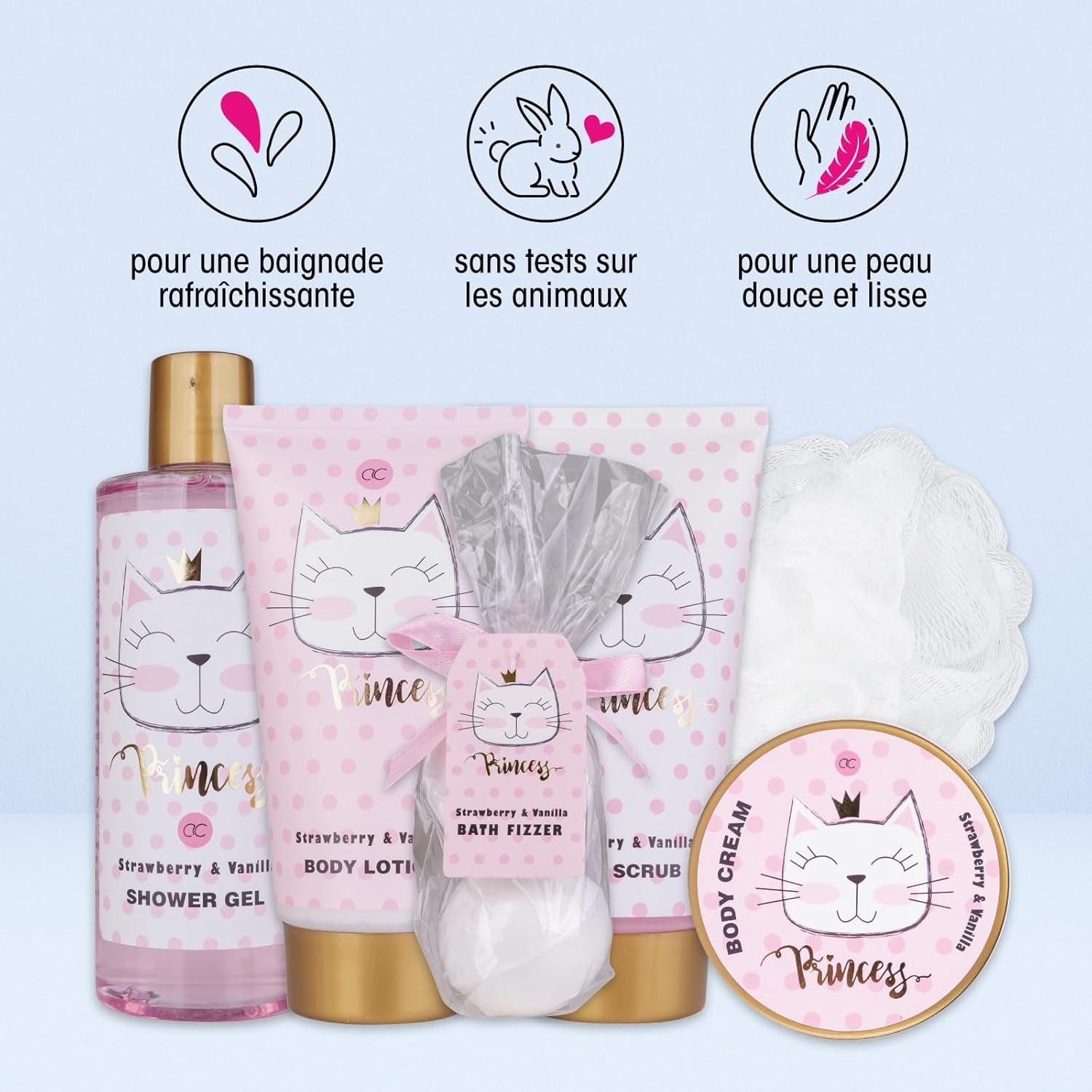 - Set Cadeau Princess Kitty Pour Filles & Femmes - Kit Douche 7 Pcs Avec Bain Moussant, Exfoliant, Gel, Lotion Pour Corps Etc. - Assortiment Soins Odeur Fraise & Vanille Dans Coffret Cadeaux