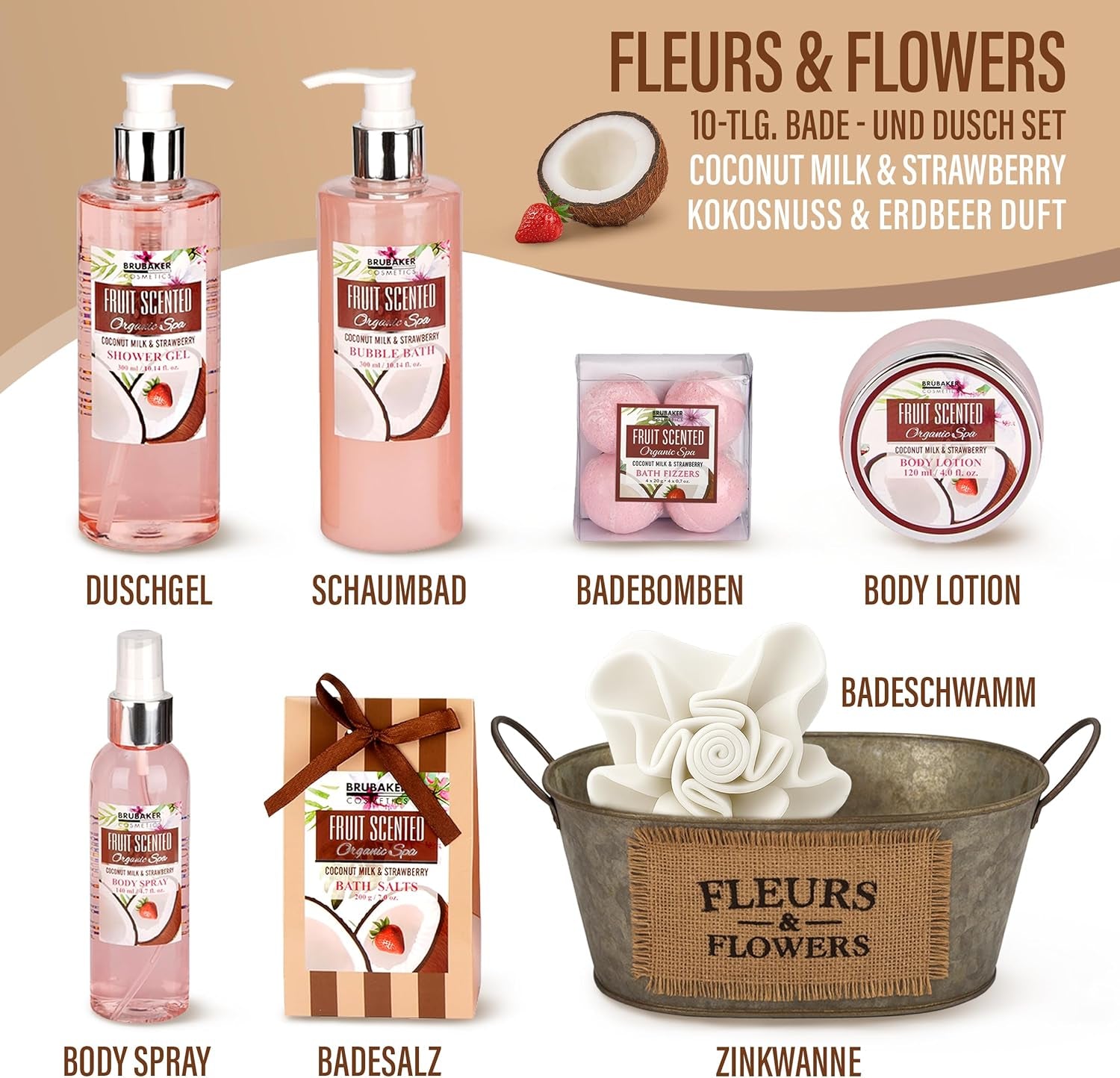 Cosmetics - Coffret De Bain & Douche - Noix De Coco/Fraise - 11 Pièces - Bassine Vintage Décorative - Idée Cadeau