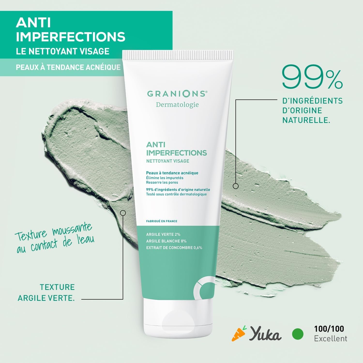 Nettoyant Visage anti Imperfections - Nettoie, Hydrate & Purifie | Elimine Les Impuretés & L’Excès De Sébum - Argile Verte, Argile Blanche, Vitamine C - Pour L'Acne - Résultats Prouvés - 150G