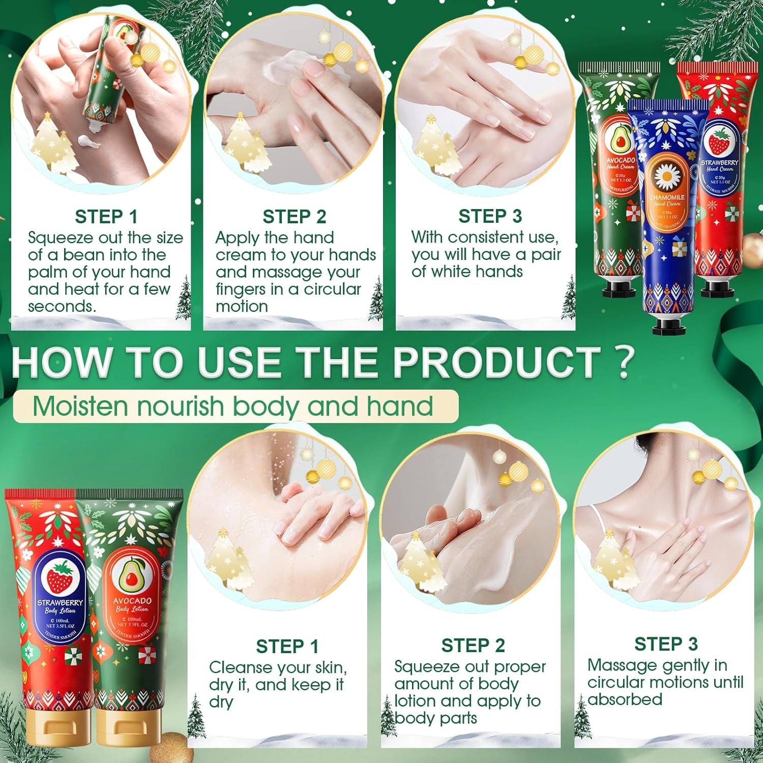 Creme Main Noel, 3 Pièces Creme Main Coffret, 2 Pièces Lotion Pour Le Corps, Fruité Cadeaux Noel Femme Pour Noël Fête D'Anniversaire Vacances, Hydratez Votre Peau