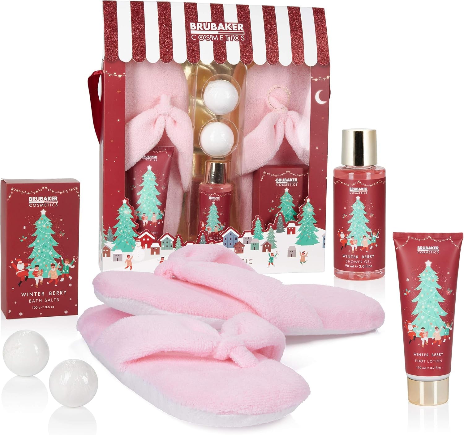 Cosmetics - Coffret De Bain & Douche - Baies D'Hiver/Joyeux Noël - 6 Pièces - Pantoufles Roses En Peluche Incl. - Idée Cadeau Femme