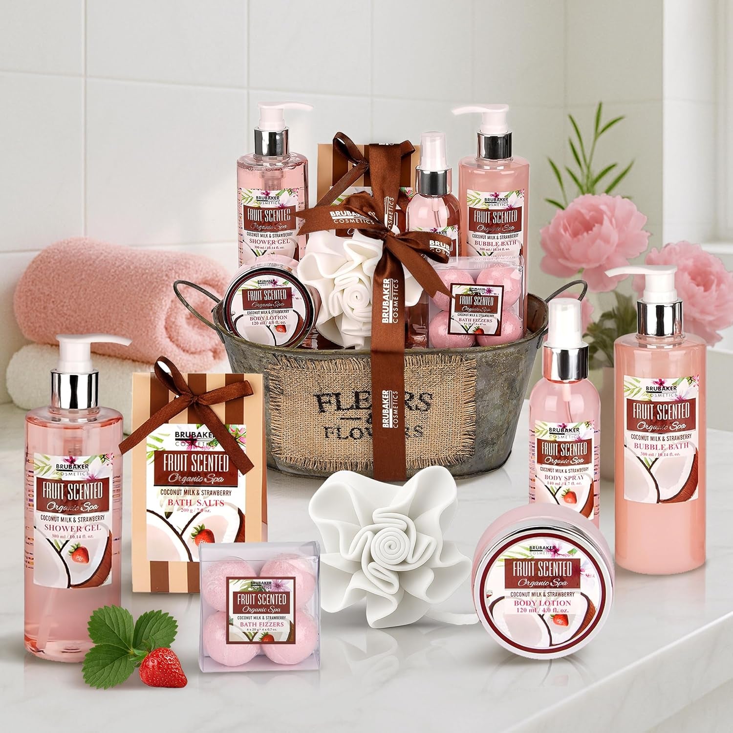 Cosmetics - Coffret De Bain & Douche - Noix De Coco/Fraise - 11 Pièces - Bassine Vintage Décorative - Idée Cadeau