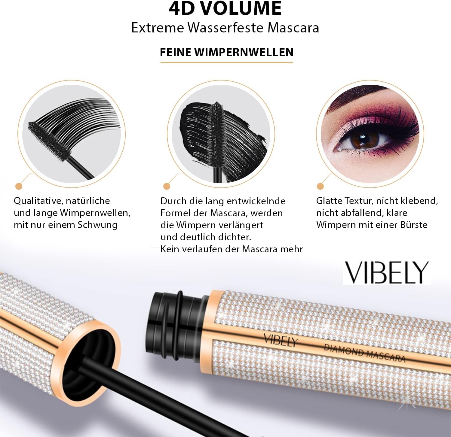 Mascara Volume 4D Résistant À L'Eau | Diamond Mascara Pour Cils plus Longs Et plus Volumineux | Maquillage Des Yeux Pour Cils Naturels | Noir Carbone
