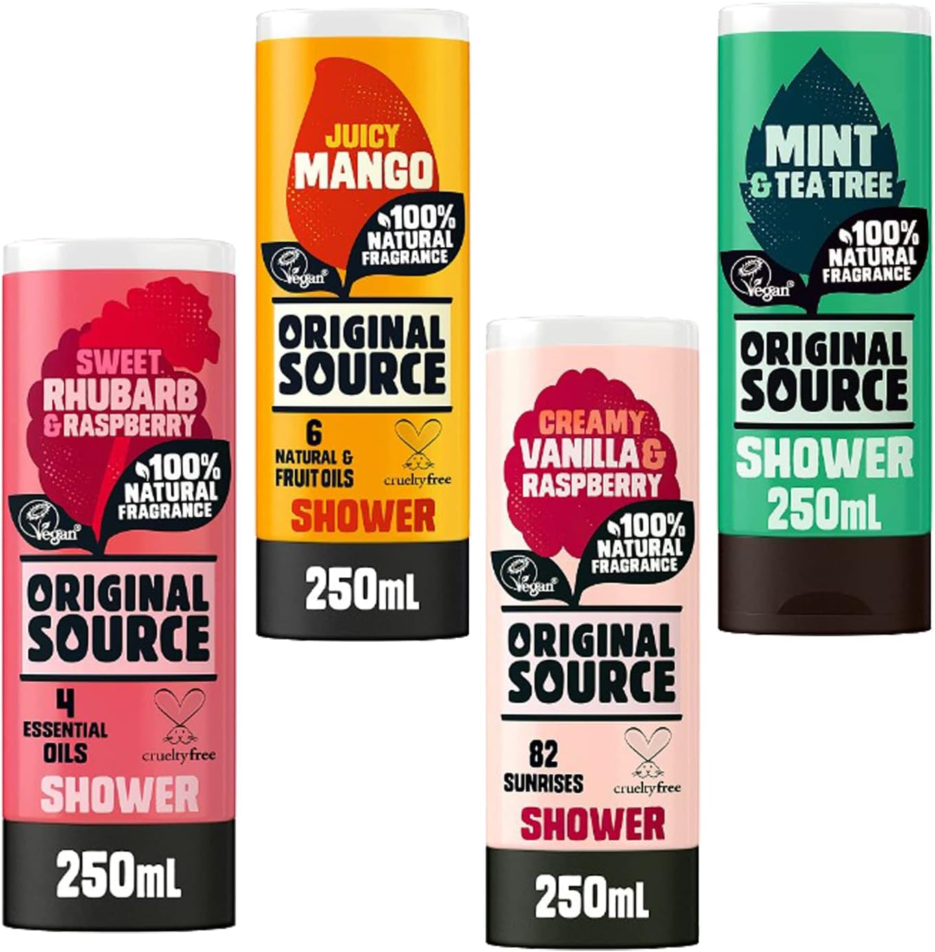 Lot De 4 Gels Douche 250 Ml Rhubarbe Douce Et Framboise, Vanille Crémeuse Et Framboise, Menthe Et Arbre À Thé, Citron Et Arbre À Thé, Gel Douche Pour Le Corps, Combo