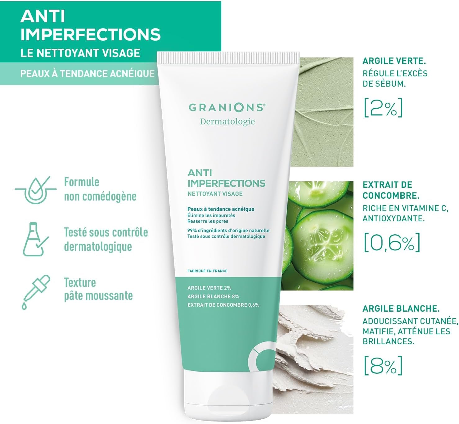 Nettoyant Visage anti Imperfections - Nettoie, Hydrate & Purifie | Elimine Les Impuretés & L’Excès De Sébum - Argile Verte, Argile Blanche, Vitamine C - Pour L'Acne - Résultats Prouvés - 150G