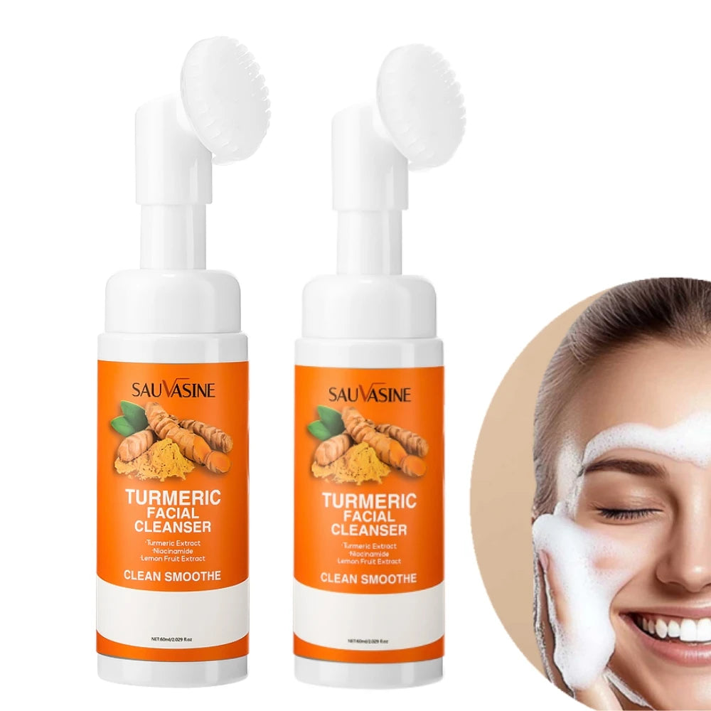 Nettoyant Visage au Curcuma - Mousse Hydratante Éclaircissante avec Brosse - Extrait de Citronn Fruit Extract