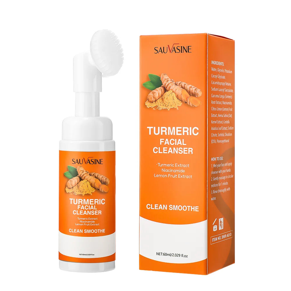 Nettoyant Visage au Curcuma - Mousse Hydratante Éclaircissante avec Brosse - Extrait de Citronn Fruit Extract