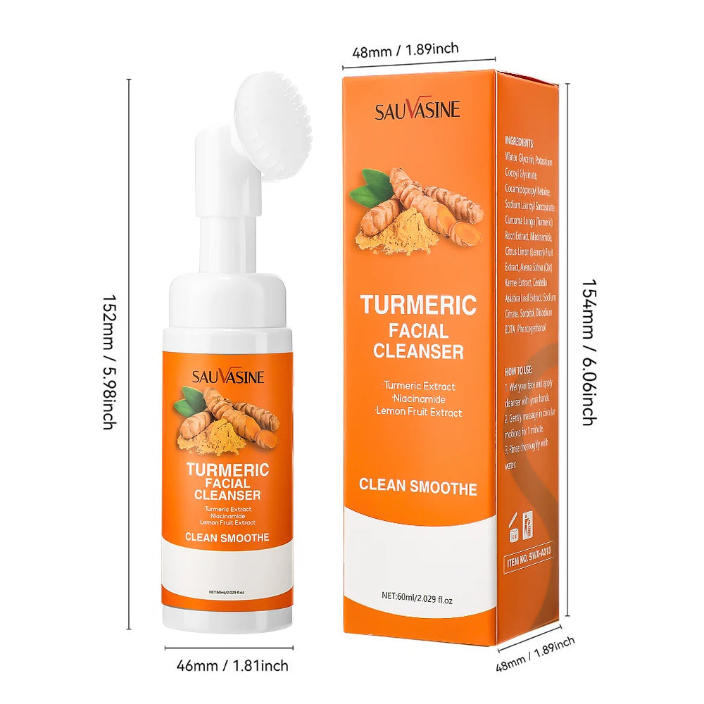 Nettoyant Visage au Curcuma - Mousse Hydratante Éclaircissante avec Brosse - Extrait de Citronn Fruit Extract