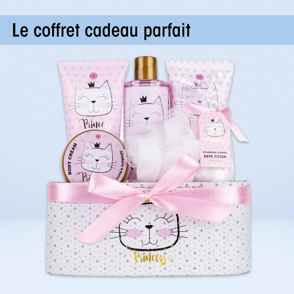 - Set Cadeau Princess Kitty Pour Filles & Femmes - Kit Douche 7 Pcs Avec Bain Moussant, Exfoliant, Gel, Lotion Pour Corps Etc. - Assortiment Soins Odeur Fraise & Vanille Dans Coffret Cadeaux