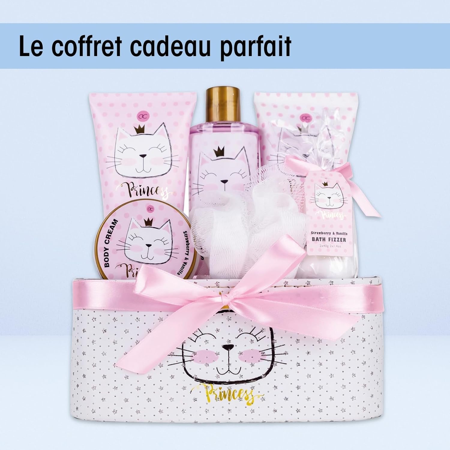 - Set Cadeau Princess Kitty Pour Filles & Femmes - Kit Douche 7 Pcs Avec Bain Moussant, Exfoliant, Gel, Lotion Pour Corps Etc. - Assortiment Soins Odeur Fraise & Vanille Dans Coffret Cadeaux