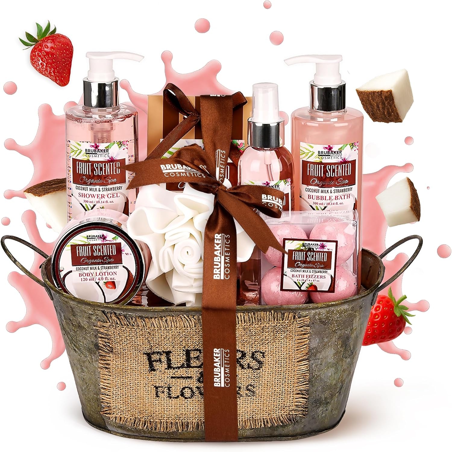 Cosmetics - Coffret De Bain & Douche - Noix De Coco/Fraise - 11 Pièces - Bassine Vintage Décorative - Idée Cadeau