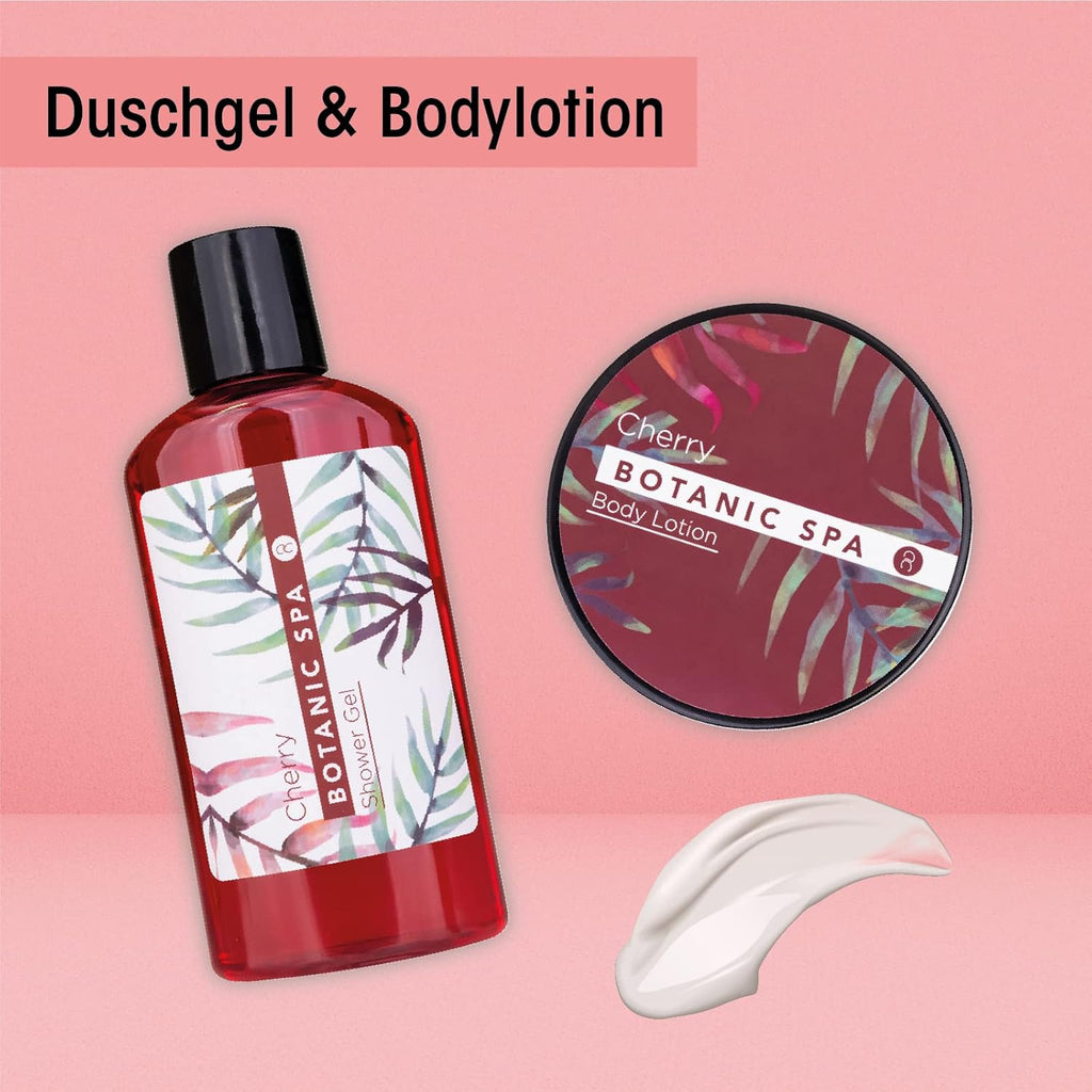 - Set De Bain Pour Femme CHERRY SPA Dans Un Panier - Set De Soins 4 Pièces Avec Gel Douche, Sel De Bain & Lotion Pour Le Corps - Cadeau Bien-Être Anniversaire Ou Saint-Valentin