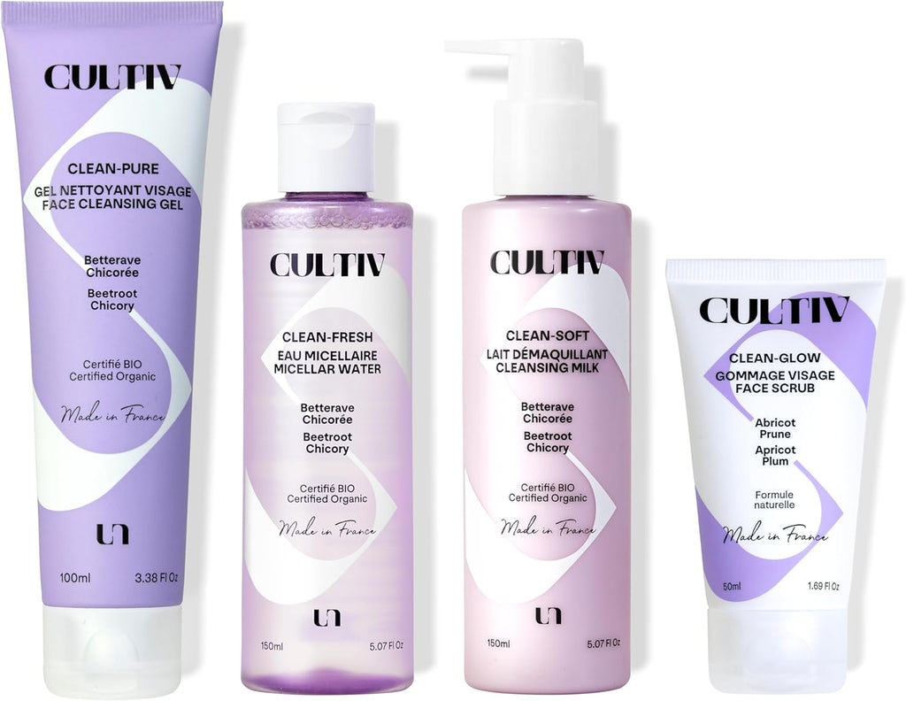 - Pack Clean Avec 1Xgommage Visage, 1Xgel Nettoyant, 1Xeau Micellaire & 1Xlait Démaquillant - Routine Complète - Pour Peaux Sensibles - Hydrate Et Apaise - Ingrédients Naturels, Bio Et Véganes