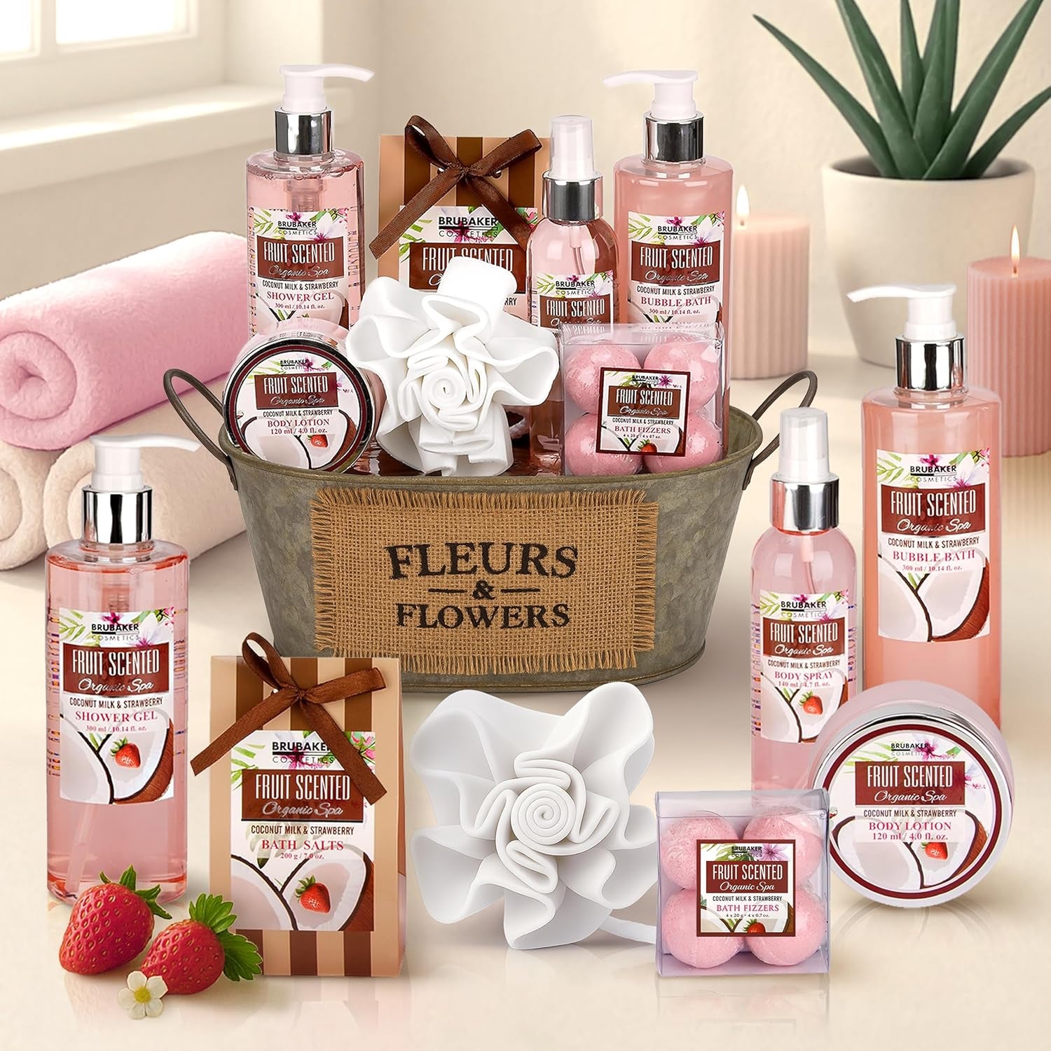 Cosmetics - Coffret De Bain & Douche - Noix De Coco/Fraise - 11 Pièces - Bassine Vintage Décorative - Idée Cadeau